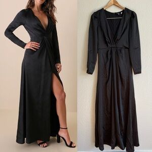 NWOT Endearing Elegance Black Satin Long Sleeve Maxi Dress